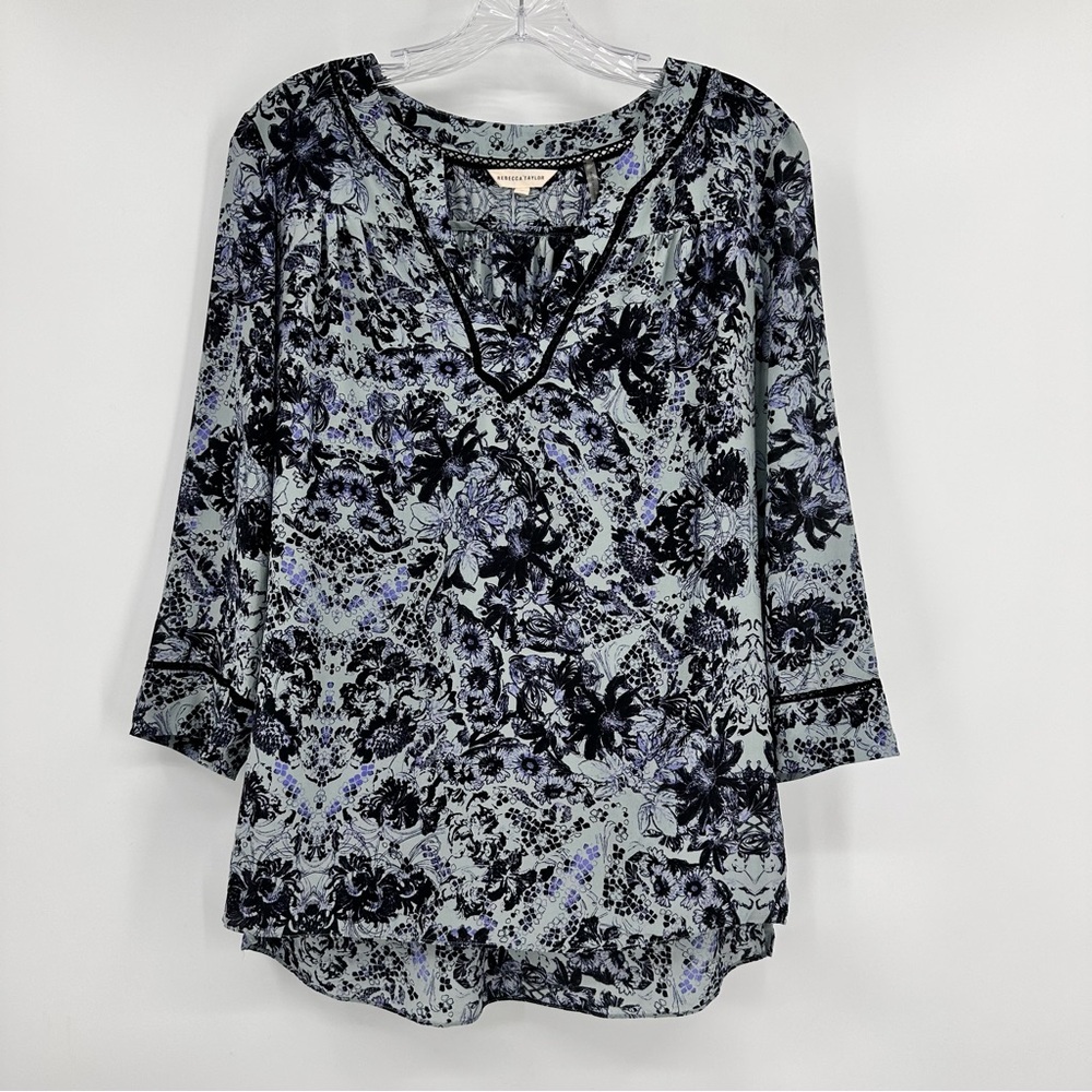 Rebecca Taylor Kiku Blouse Top Allover Floral Print Silk Blue Size 6